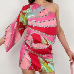 Laundry by Shelli Segal Silk Y2K swirl psychedelic print one sleeve mini dress